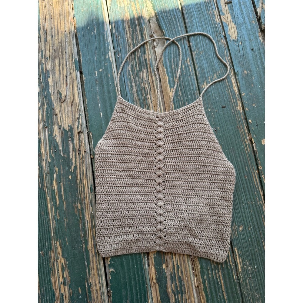 Windsor Crochet Halter‎ Top Taupe Brown Boho Lace Up Back Festival Knit Small
